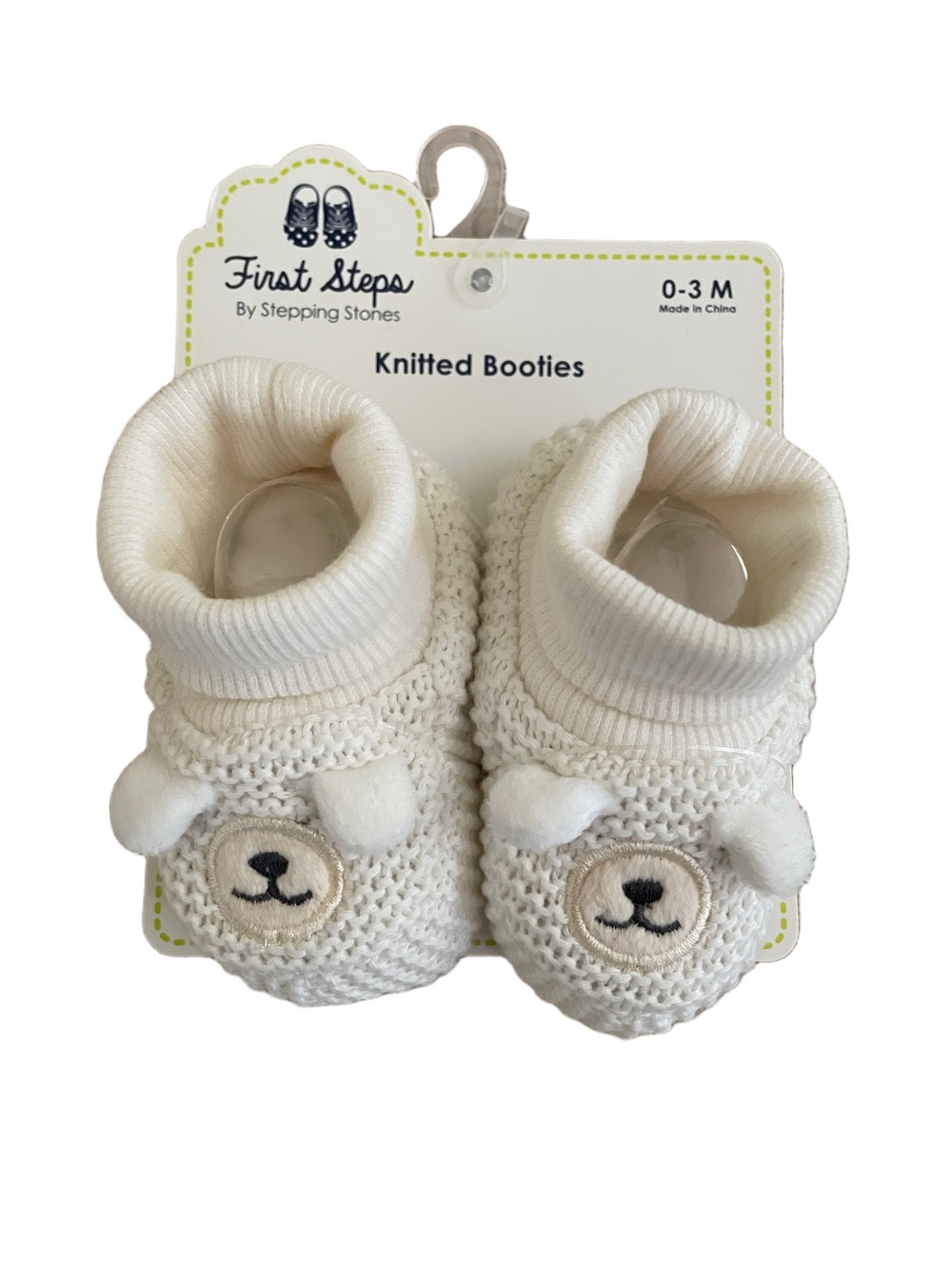 First Steps Knitted Baby Booties with Bear Face 0-3 Mo. NWT